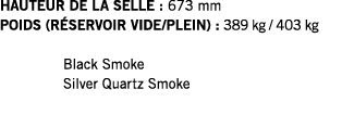 HAUTEUR DE LA SELLE : 673 mm POIDS (RÉSERVOIR VIDE PLEIN) : 389 kg   403 kg  Black Smoke Silver Quartz Smoke